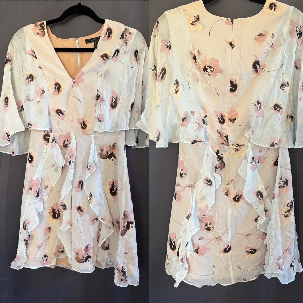 BCBGMAXAZRIA Mabel Floral Silk Dress Flutter Sleeve Ruffle V-Neck 6 - Picture 7 of 13